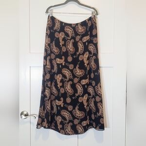 Laura Ashley Silk Maxi Skirt Lined Paisley Floral Elastic Waist Sz XL Black Tan